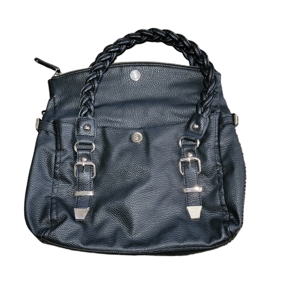 Apt.9 black leather purse Braided handle buckles on front Zipper/top 12 " deep - Picture 1 of 7